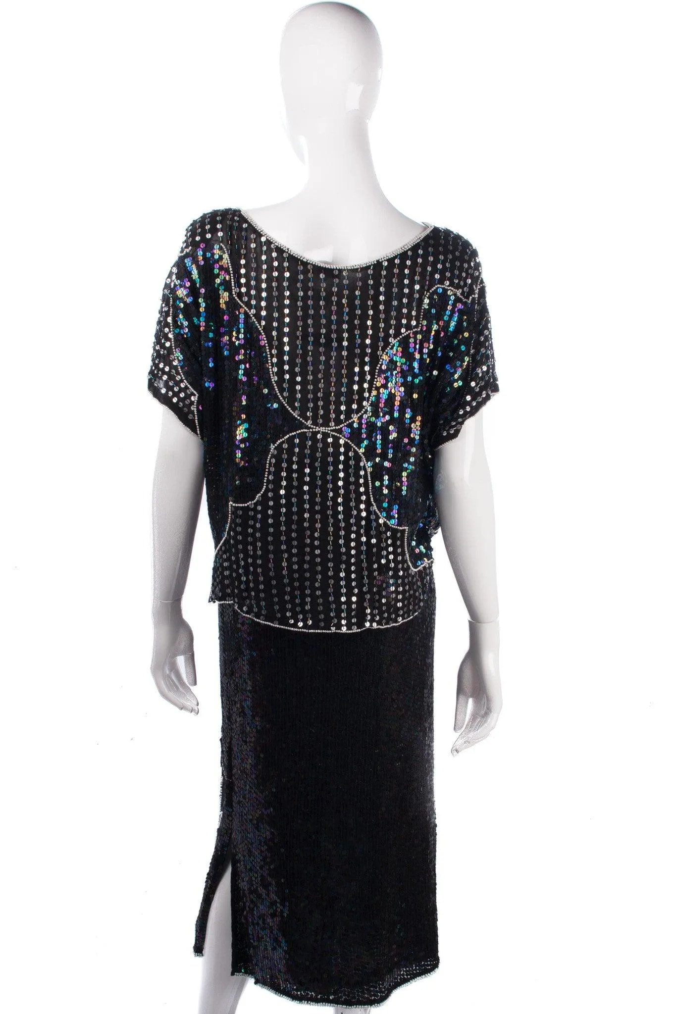 Pure Silk Two Piece Top and Skirt Black and Silver Sequinned Size 14/16