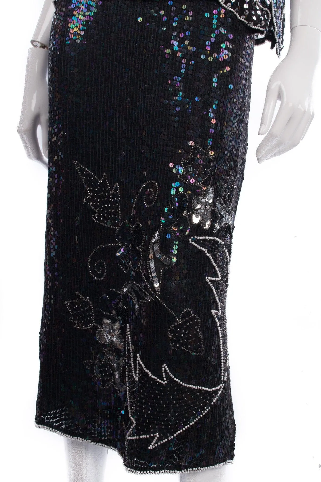 Pure Silk Two Piece Top and Skirt Black and Silver Sequinned Size 14/16