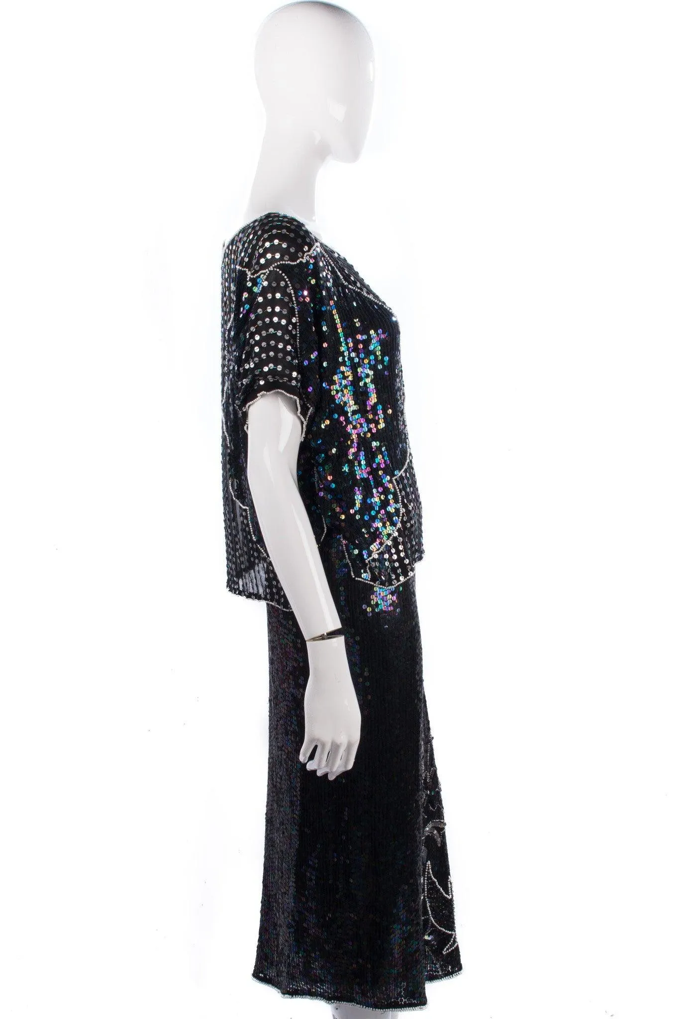 Pure Silk Two Piece Top and Skirt Black and Silver Sequinned Size 14/16