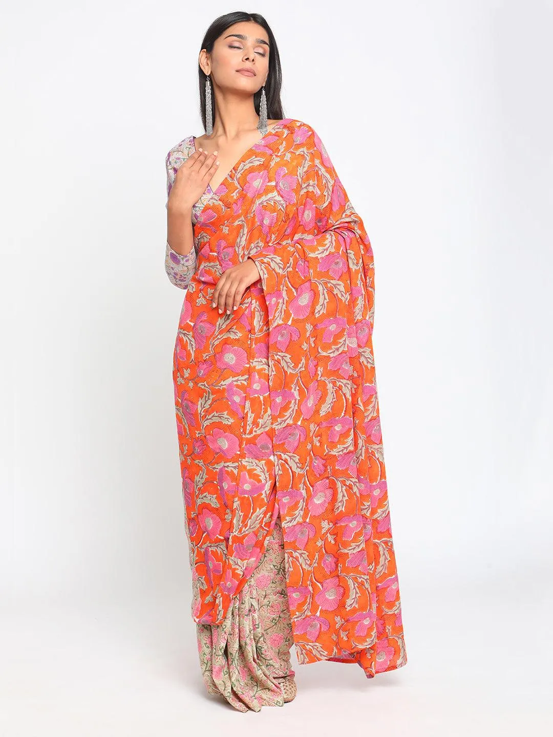 Purple Hand Block Printed Silk Blouse