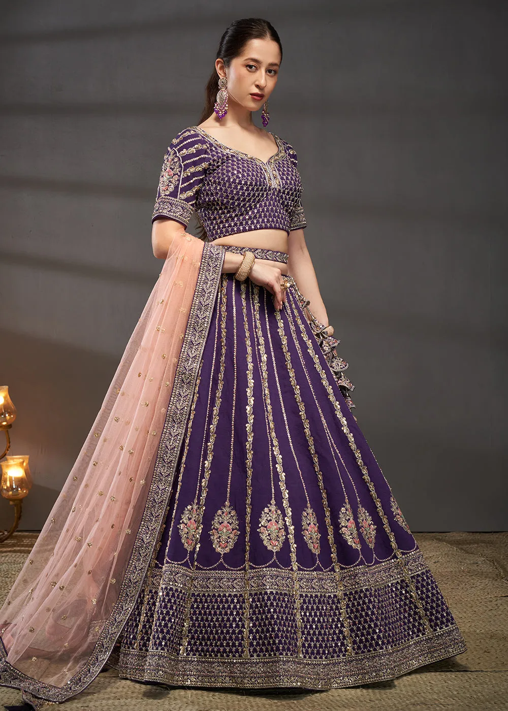 Purple Pure Silk Sabyasachi Style Bridal Lehenga Choli