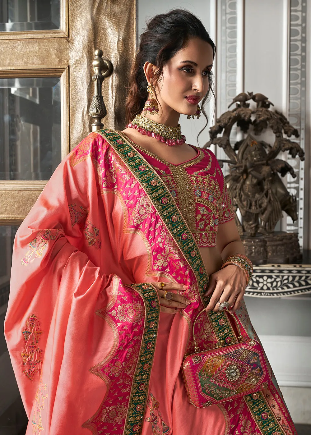 Rani Multicolor Banarasi Silk Embroidered Bridal Lehenga Choli