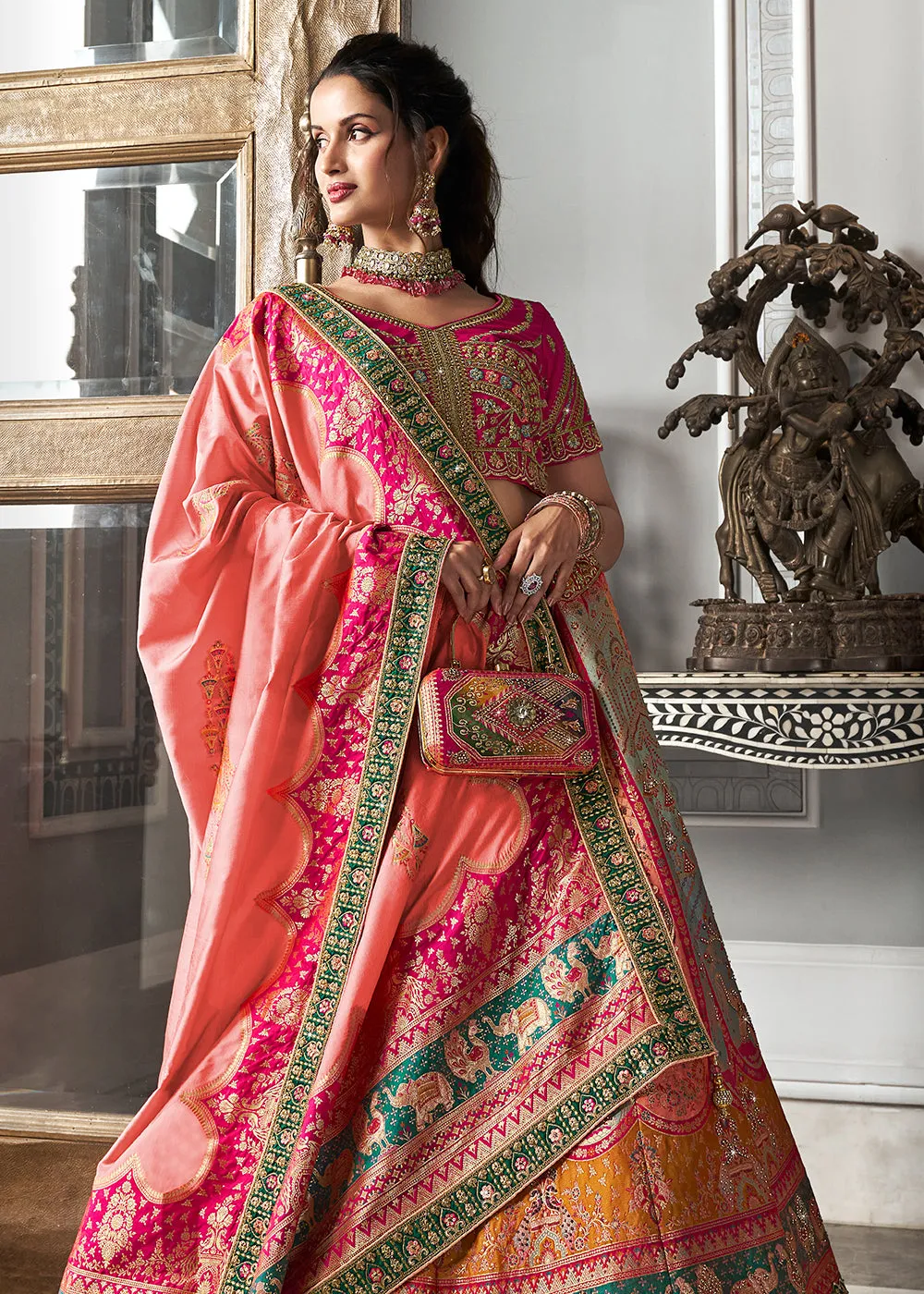Rani Multicolor Banarasi Silk Embroidered Bridal Lehenga Choli