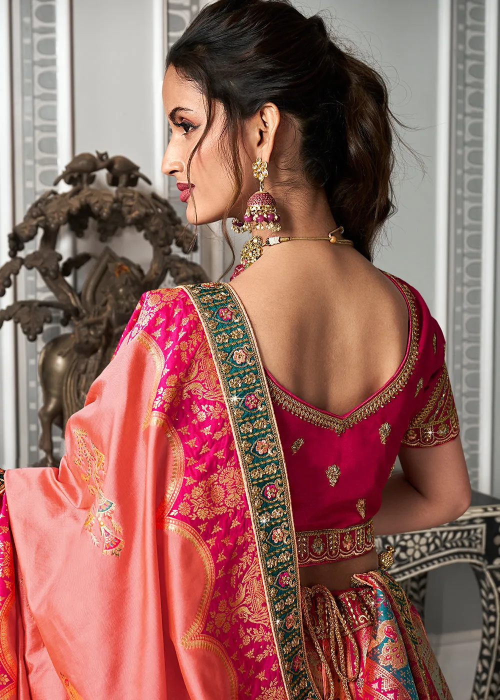 Rani Multicolor Banarasi Silk Embroidered Bridal Lehenga Choli