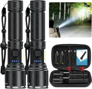 Rechargeable Magnetic Flashlights High Lumens, Super Bright LED Powerful Flashlight 8 Modes with COB Work Light, Waterproof Handheld Flash Light for Camping (2 Pack with Leather Box, Black)