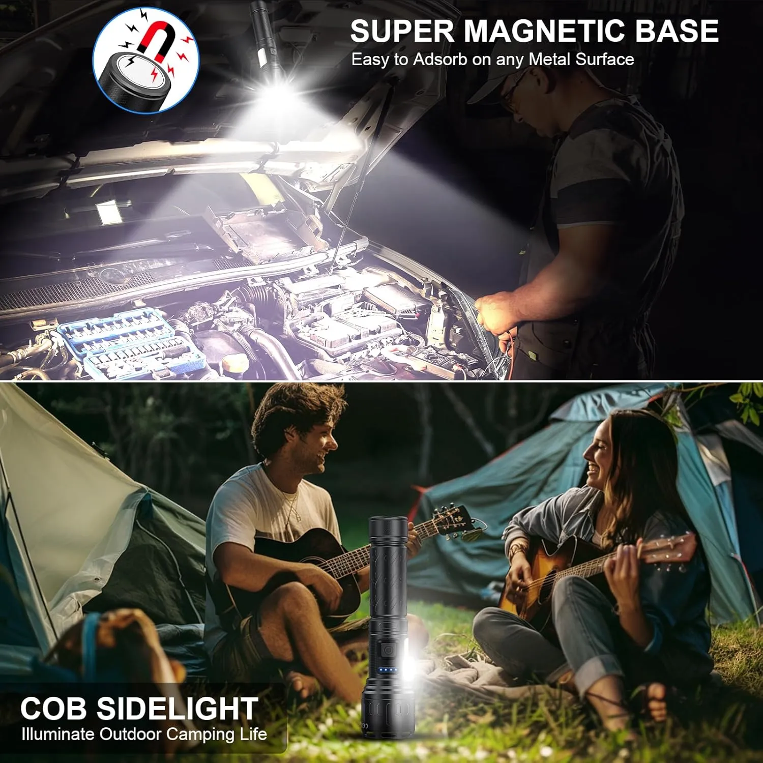Rechargeable Magnetic Flashlights High Lumens, Super Bright LED Powerful Flashlight 8 Modes with COB Work Light, Waterproof Handheld Flash Light for Camping (2 Pack with Leather Box, Black)