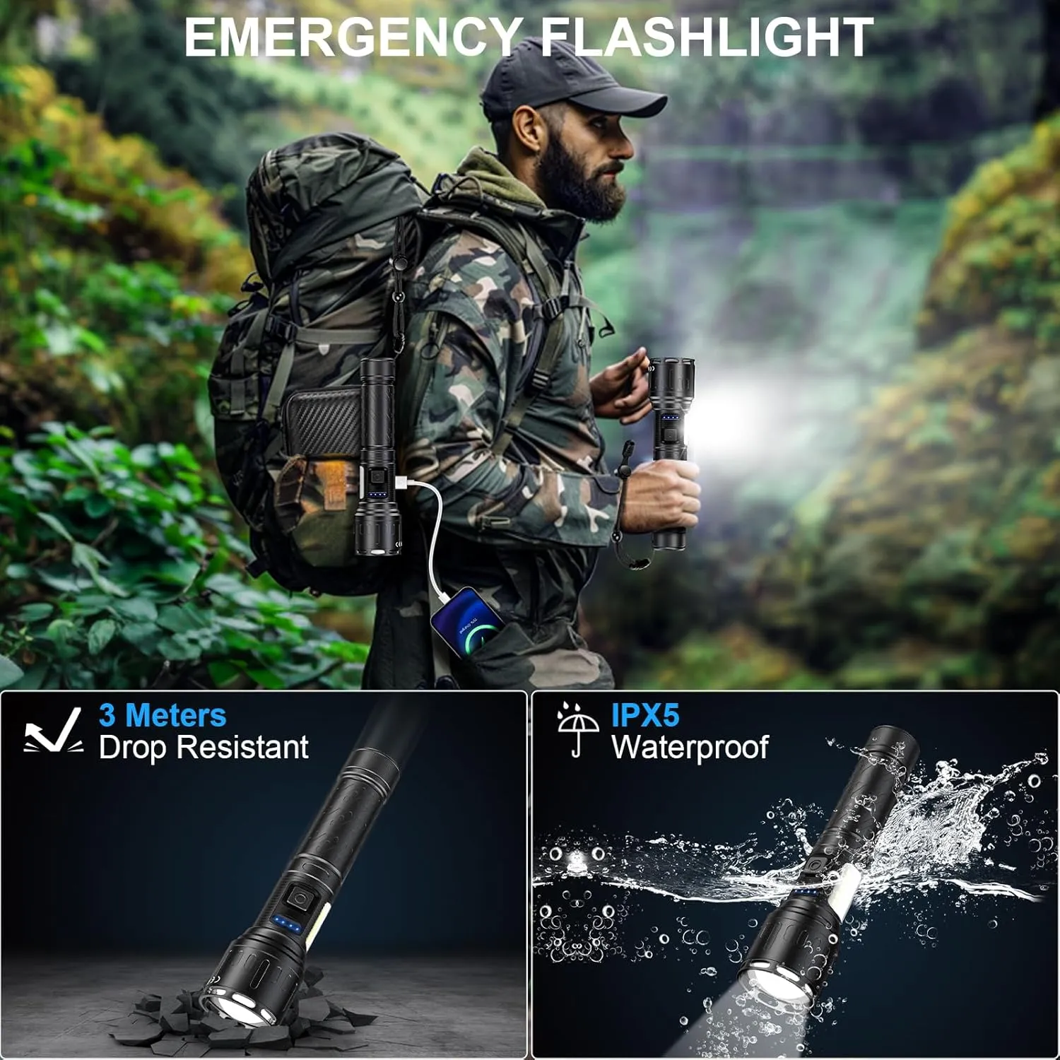 Rechargeable Magnetic Flashlights High Lumens, Super Bright LED Powerful Flashlight 8 Modes with COB Work Light, Waterproof Handheld Flash Light for Camping (2 Pack with Leather Box, Black)