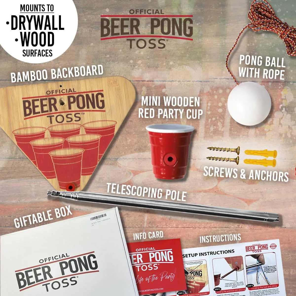 Ring Toss Game with Red Party Cup, Ball and String for Adults - Fun Garage and Party Play - Hook and Ring Wall Mounted Indoor and Outdoor Activity by Product Elevations