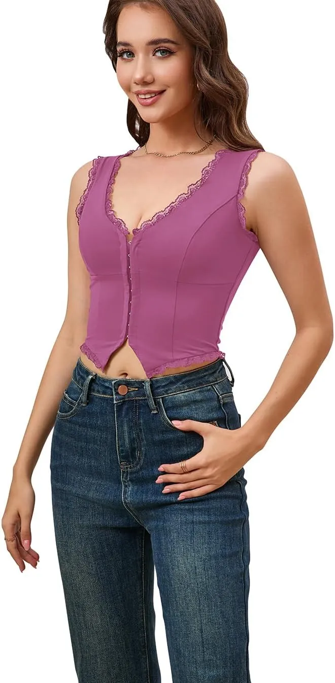 Sexy Lace Top for Women Summer V Neck Sleeveless Y2K Going Out Corset Tank Tops