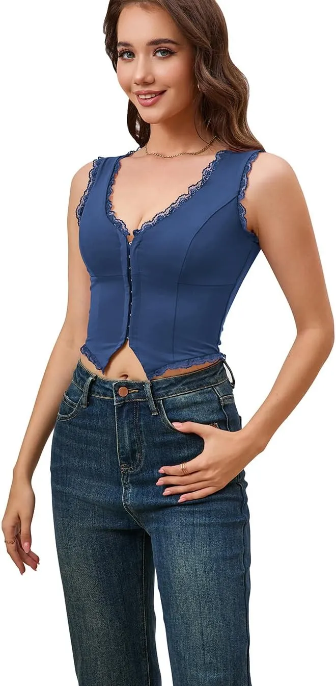 Sexy Lace Top for Women Summer V Neck Sleeveless Y2K Going Out Corset Tank Tops