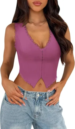 Sexy Lace Top for Women Summer V Neck Sleeveless Y2K Going Out Corset Tank Tops