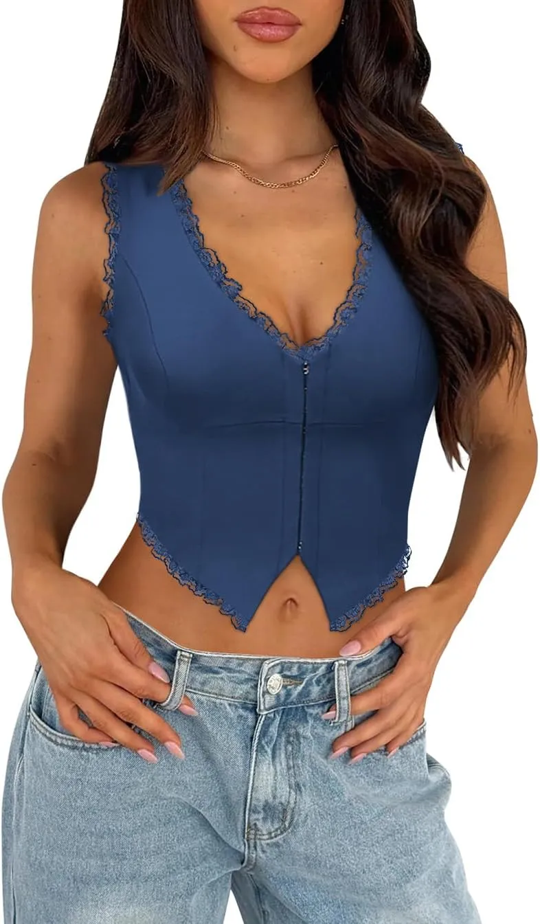 Sexy Lace Top for Women Summer V Neck Sleeveless Y2K Going Out Corset Tank Tops