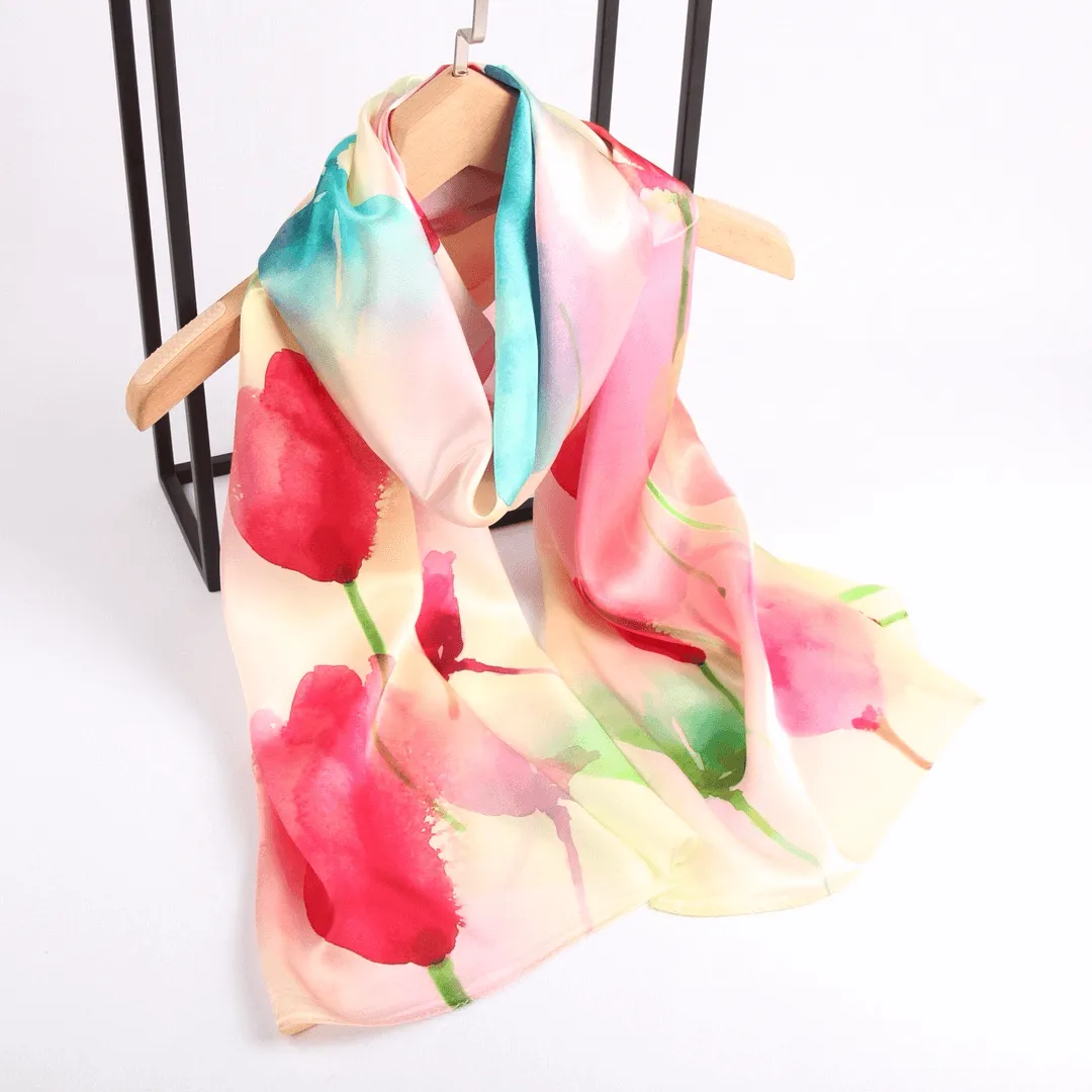 Silk Scarf Collecitons|Blossom Range|Tulip Design|Red|Long Silk Scarf