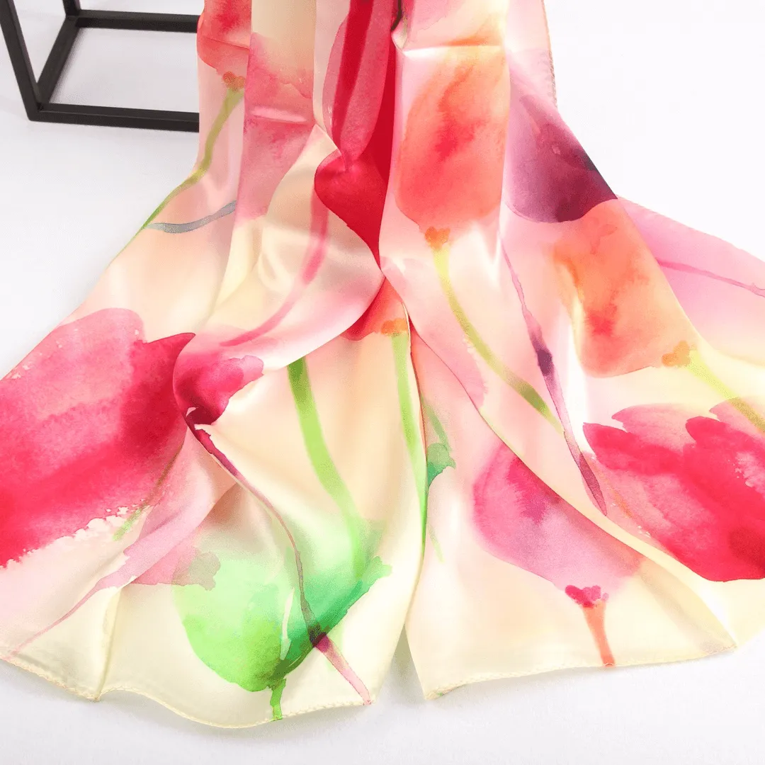 Silk Scarf Collecitons|Blossom Range|Tulip Design|Red|Long Silk Scarf