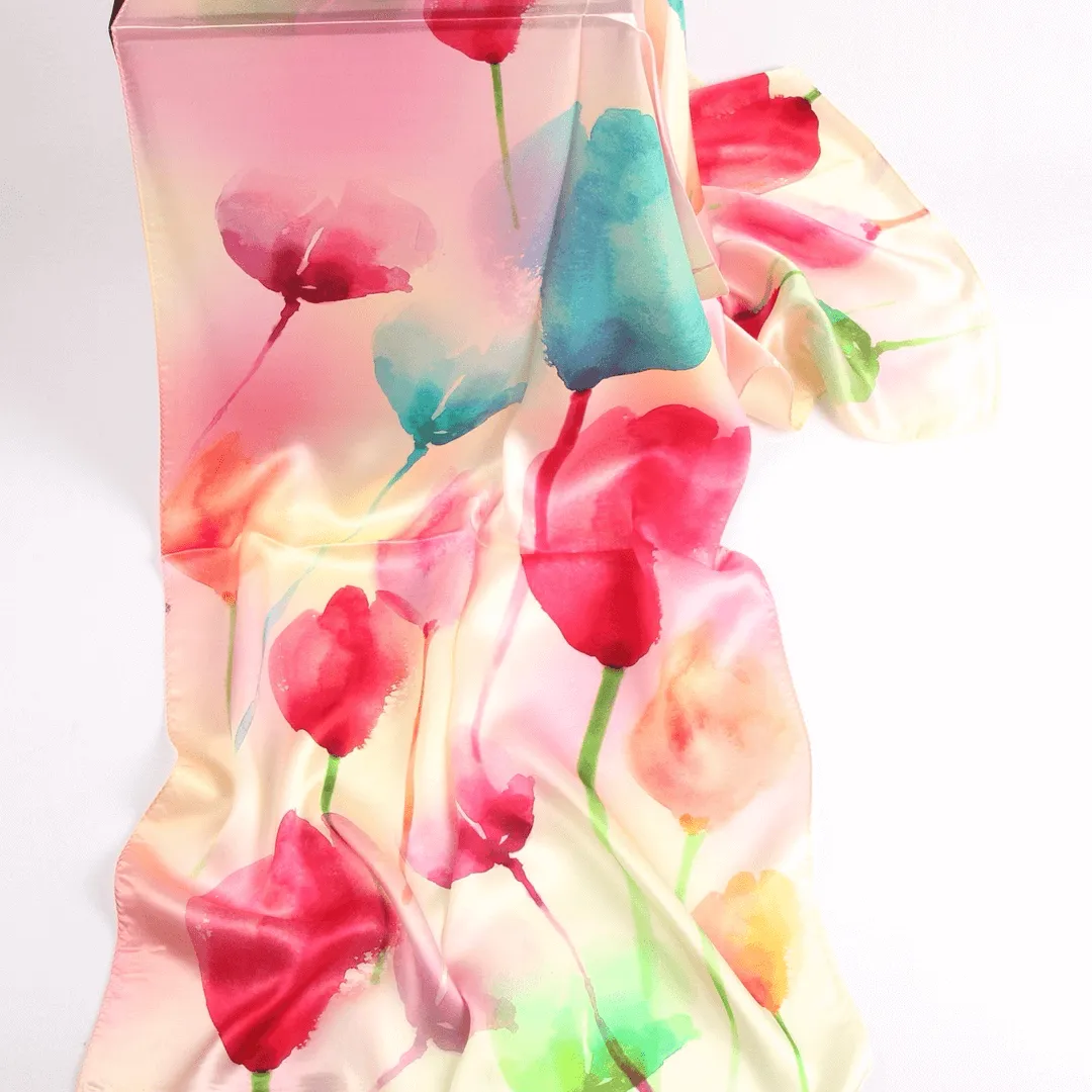 Silk Scarf Collecitons|Blossom Range|Tulip Design|Red|Long Silk Scarf