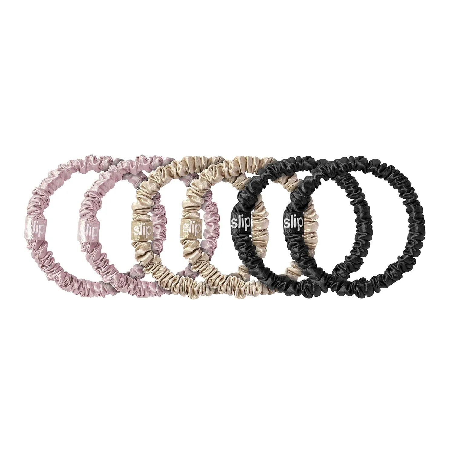 slip Skinny Scrunchies Multi | Set of 6 Pure Silk Skinny Scrunchies | Includes 2 Pink, 2 Caramel, 2 Black | 100% Mulberry Silk, Anti-Crease, Gentle on Hair, Reduces Breakage | Stylish & Durable