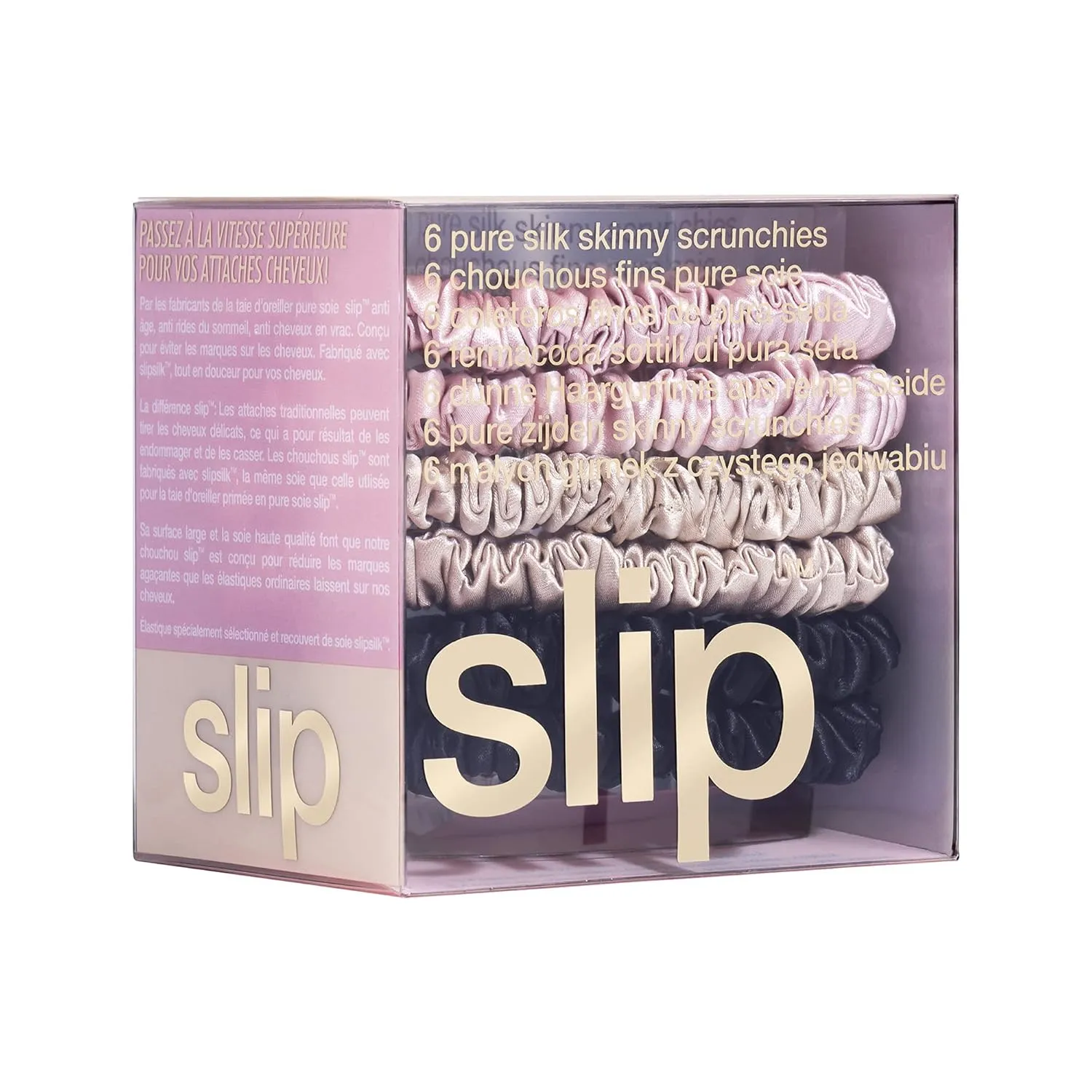 slip Skinny Scrunchies Multi | Set of 6 Pure Silk Skinny Scrunchies | Includes 2 Pink, 2 Caramel, 2 Black | 100% Mulberry Silk, Anti-Crease, Gentle on Hair, Reduces Breakage | Stylish & Durable