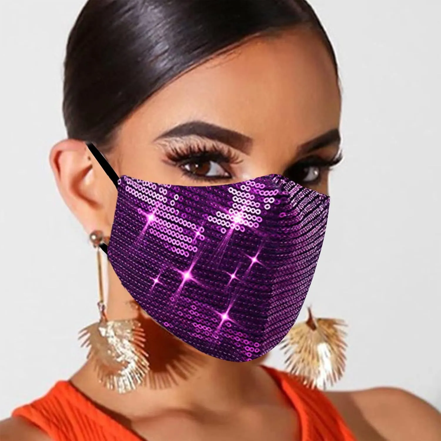Sparkly Sequins Mouth Masc Fashion Designer Glitter Cotton Face Cover With Adjustable Ear Loops Reusable Masquerade Party Nightclub Rave Festival Sequins Face Covering (Purple)
