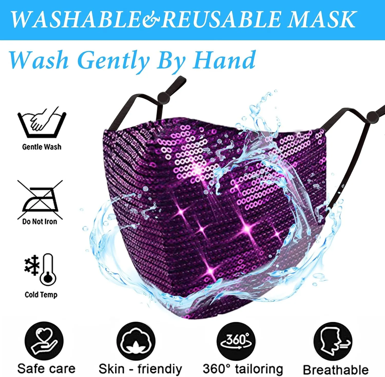 Sparkly Sequins Mouth Masc Fashion Designer Glitter Cotton Face Cover With Adjustable Ear Loops Reusable Masquerade Party Nightclub Rave Festival Sequins Face Covering (Purple)