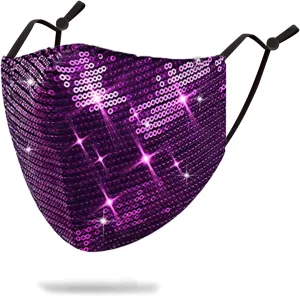 Sparkly Sequins Mouth Masc Fashion Designer Glitter Cotton Face Cover With Adjustable Ear Loops Reusable Masquerade Party Nightclub Rave Festival Sequins Face Covering (Purple)