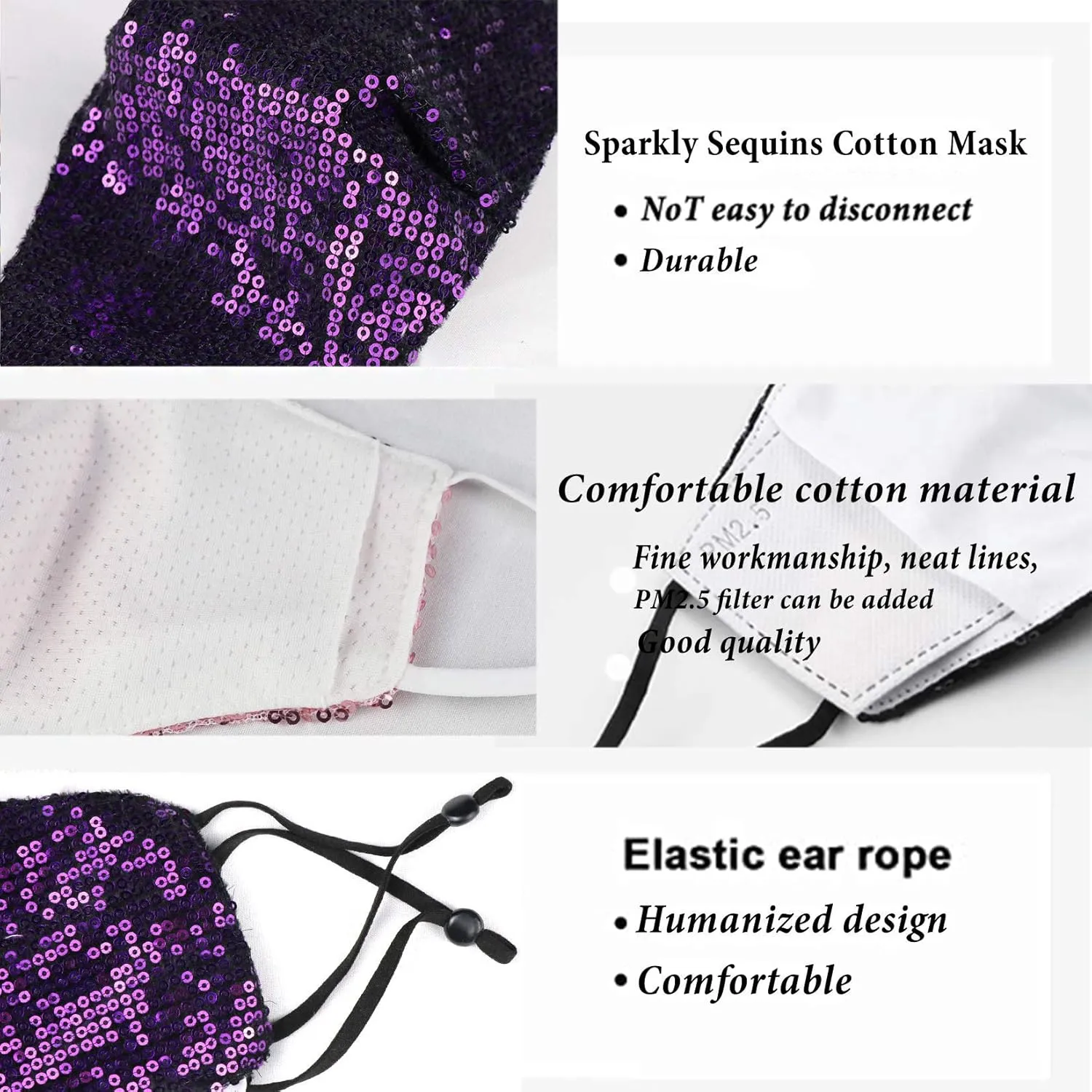 Sparkly Sequins Mouth Masc Fashion Designer Glitter Cotton Face Cover With Adjustable Ear Loops Reusable Masquerade Party Nightclub Rave Festival Sequins Face Covering (Purple)