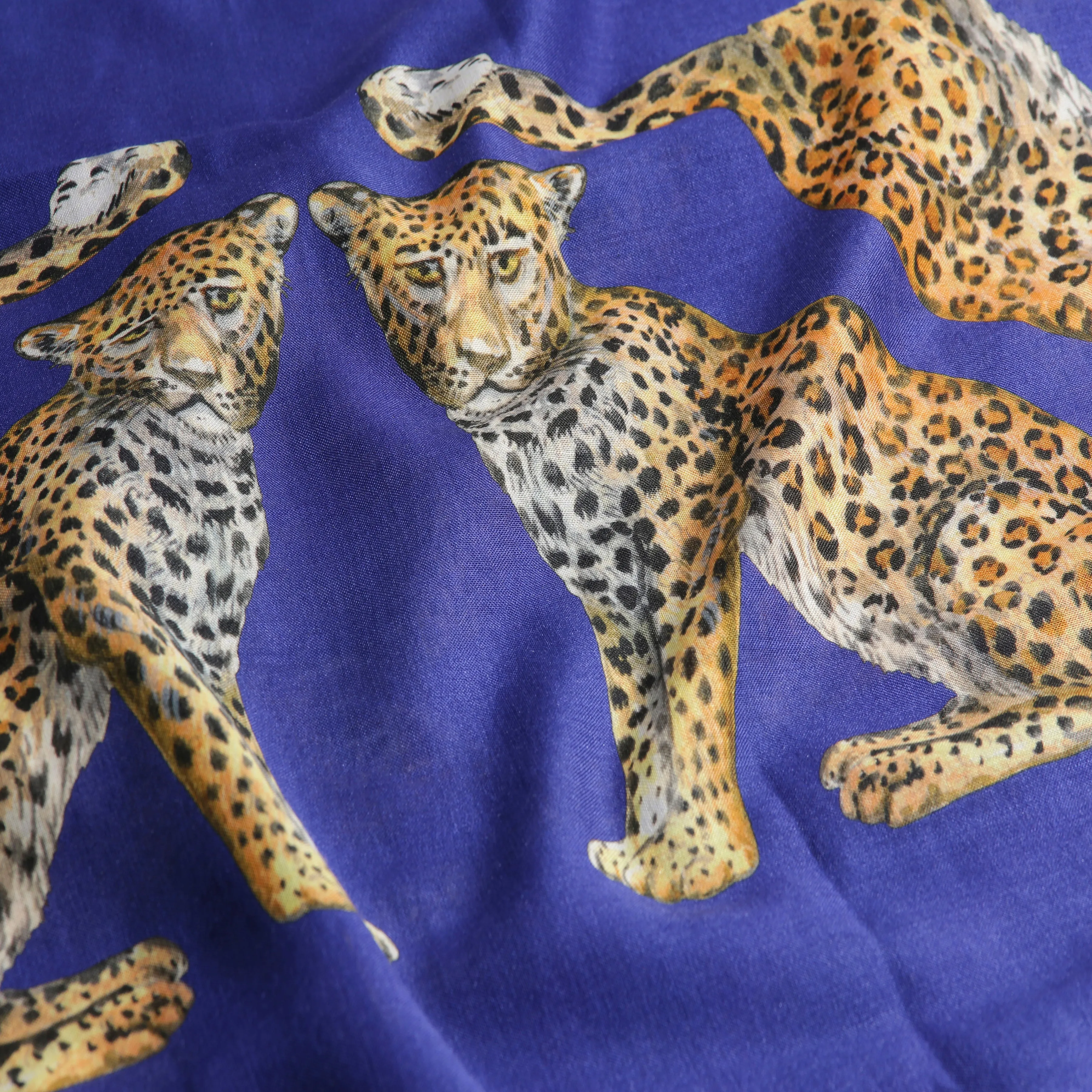 Twin Leopards Cobalt Wool Silk Scarf