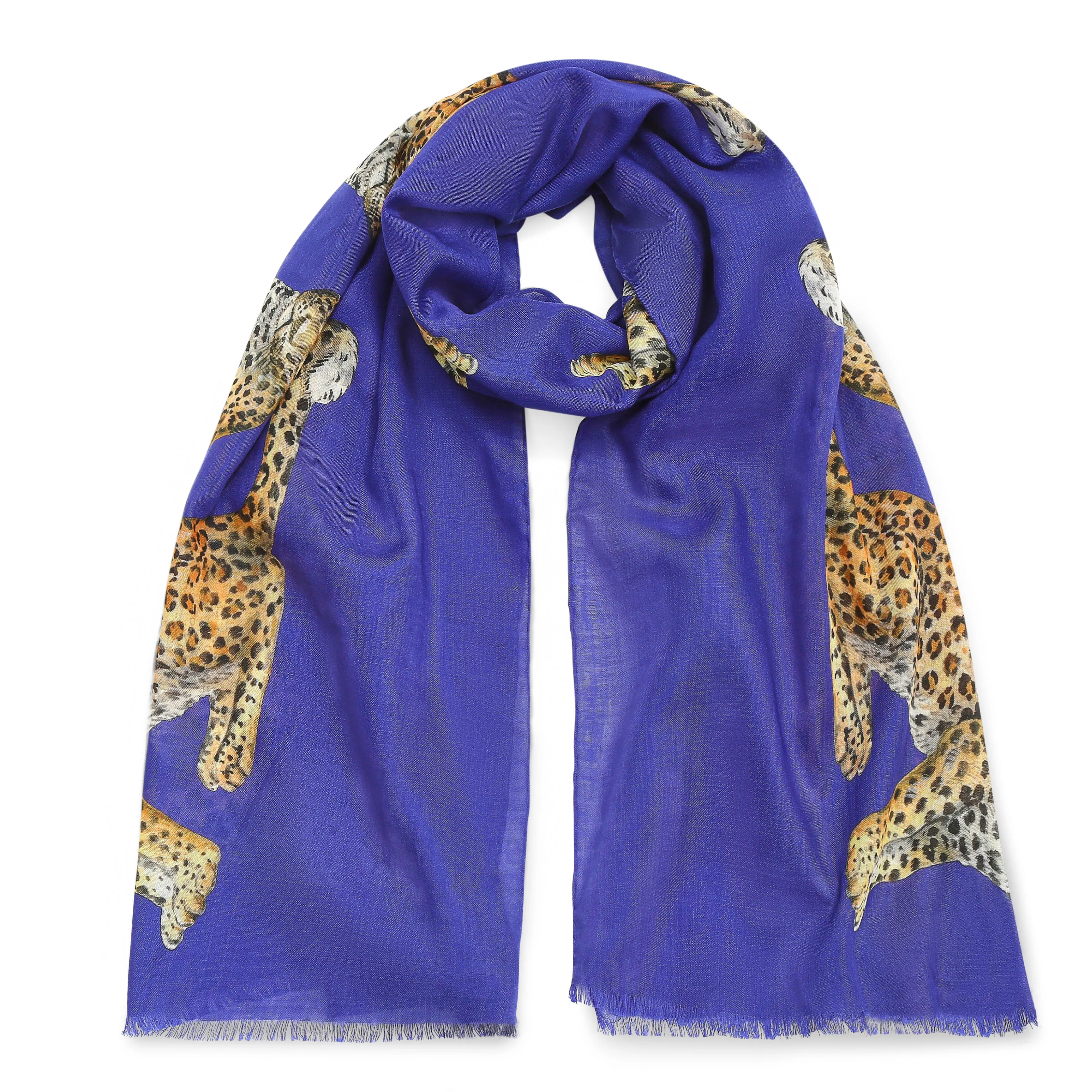 Twin Leopards Cobalt Wool Silk Scarf