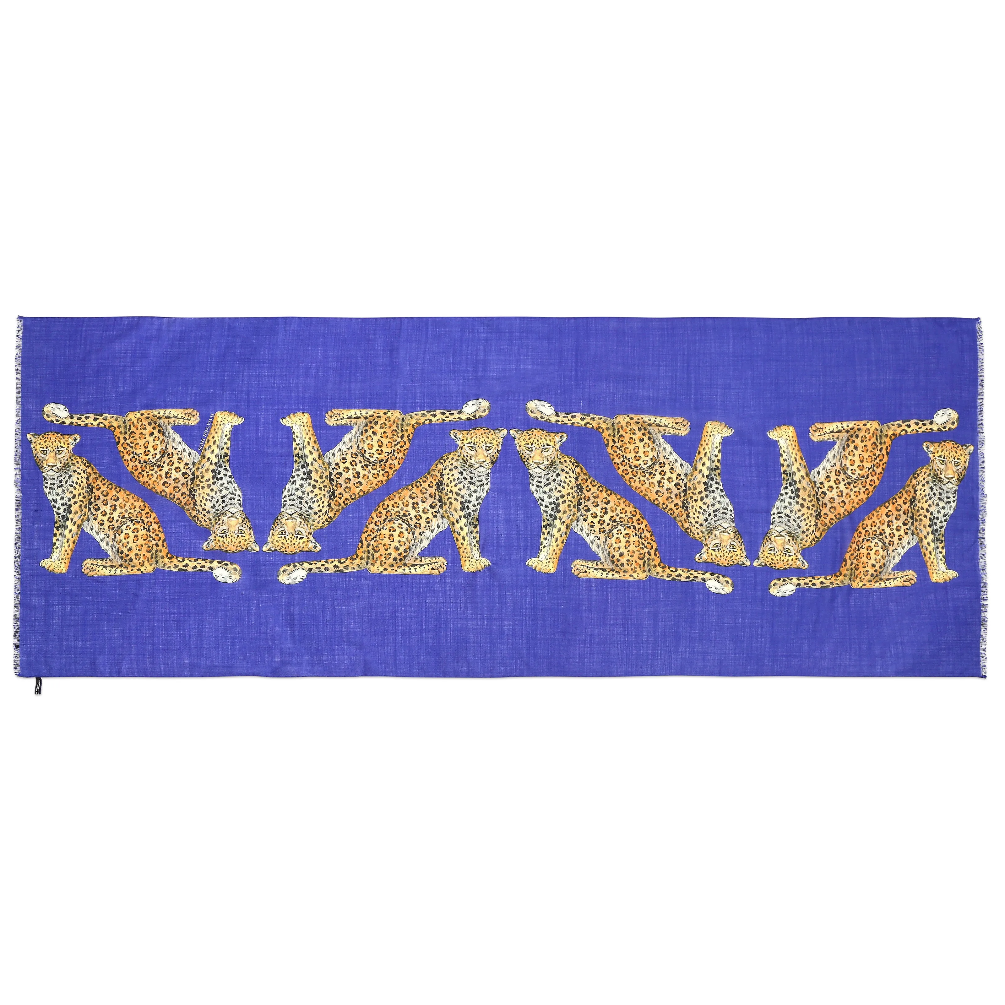 Twin Leopards Cobalt Wool Silk Scarf