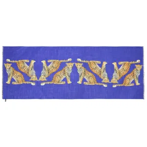 Twin Leopards Cobalt Wool Silk Scarf