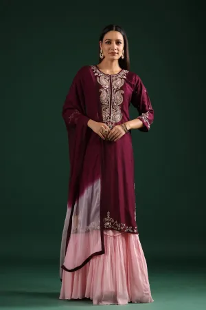 Wine Embroidered Kurta With Contrast Dress