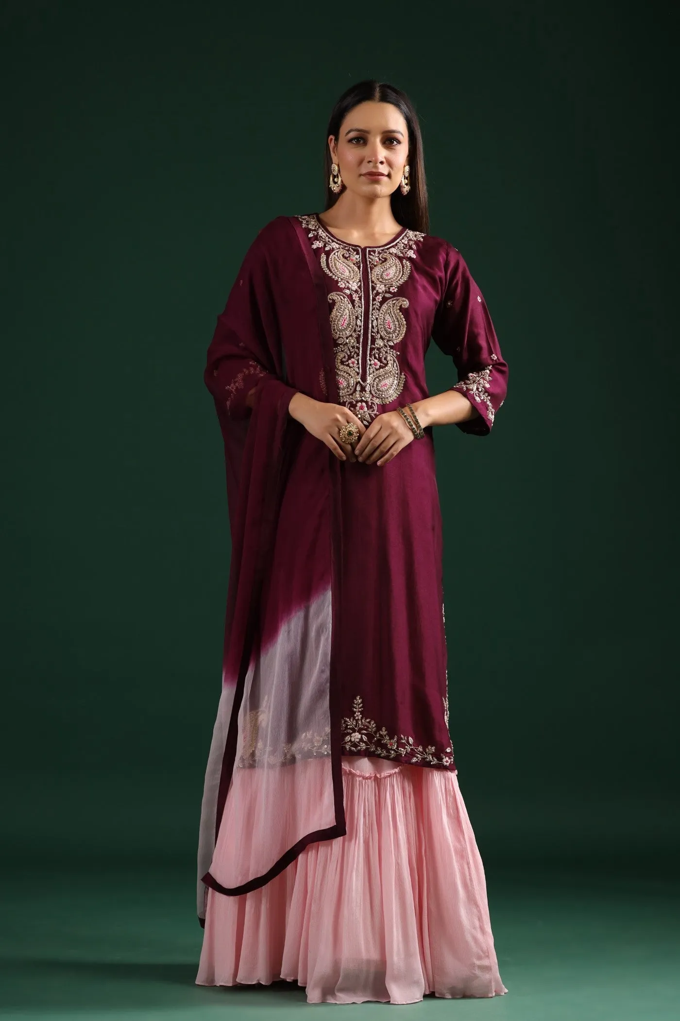 Wine Embroidered Kurta With Contrast Dress