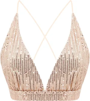 Women??s Sexy Sequin Crop Top V Neck Bandage Tank Top Bustier Cami Dance Bra Top for Club Rave