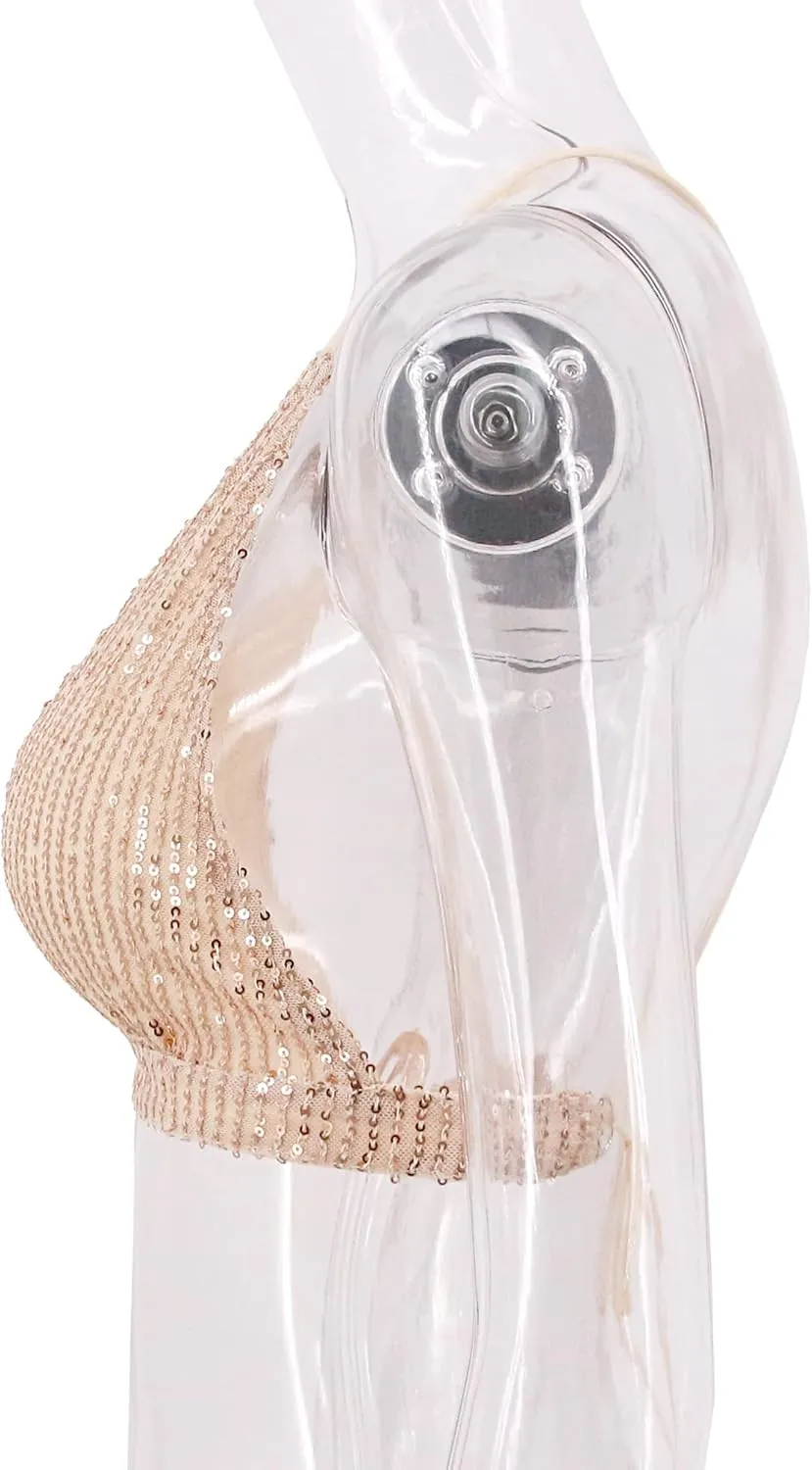 Women??s Sexy Sequin Crop Top V Neck Bandage Tank Top Bustier Cami Dance Bra Top for Club Rave