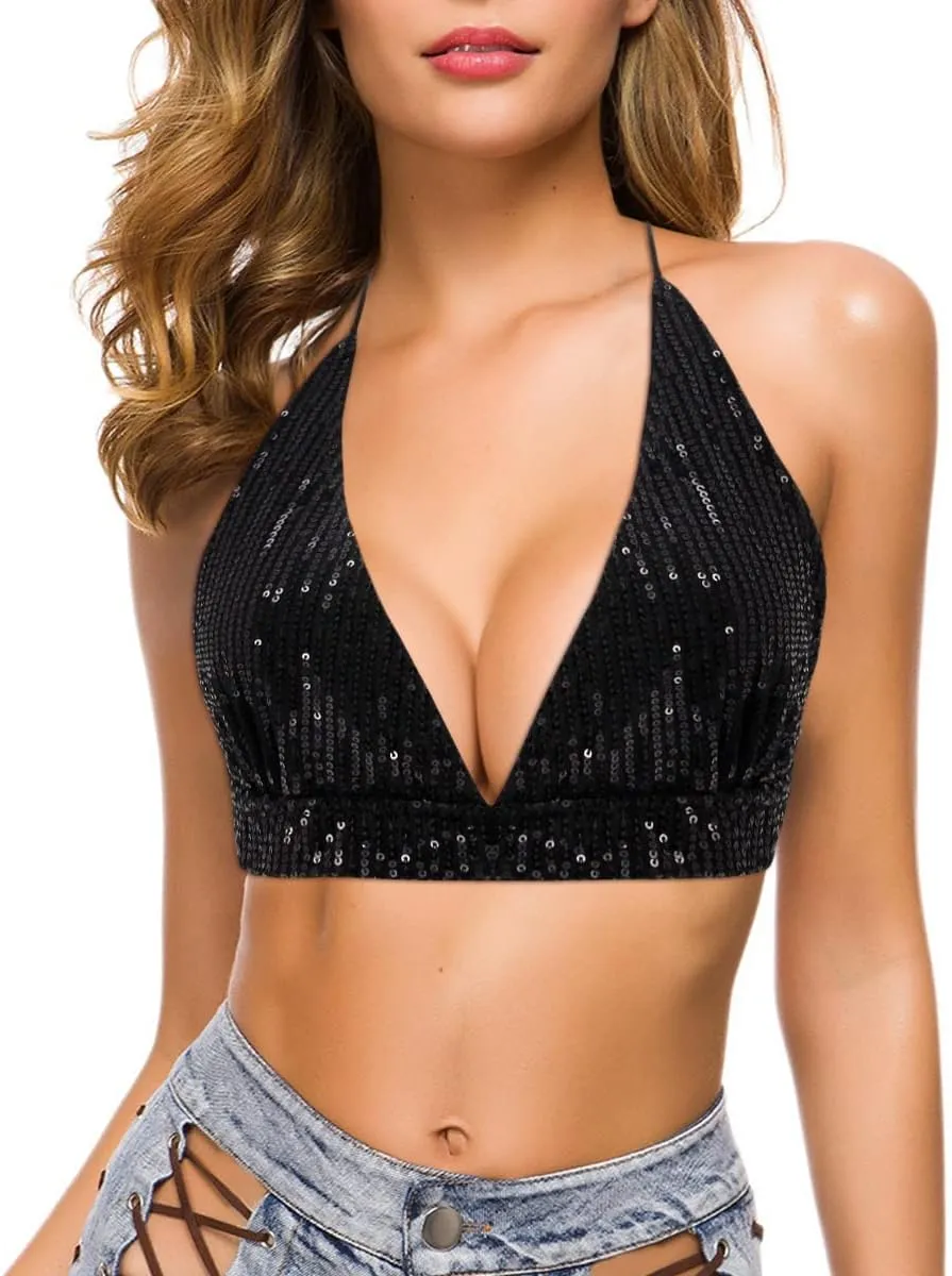 Women??s Sexy Sequin Crop Top V Neck Bandage Tank Top Bustier Cami Dance Bra Top for Club Rave